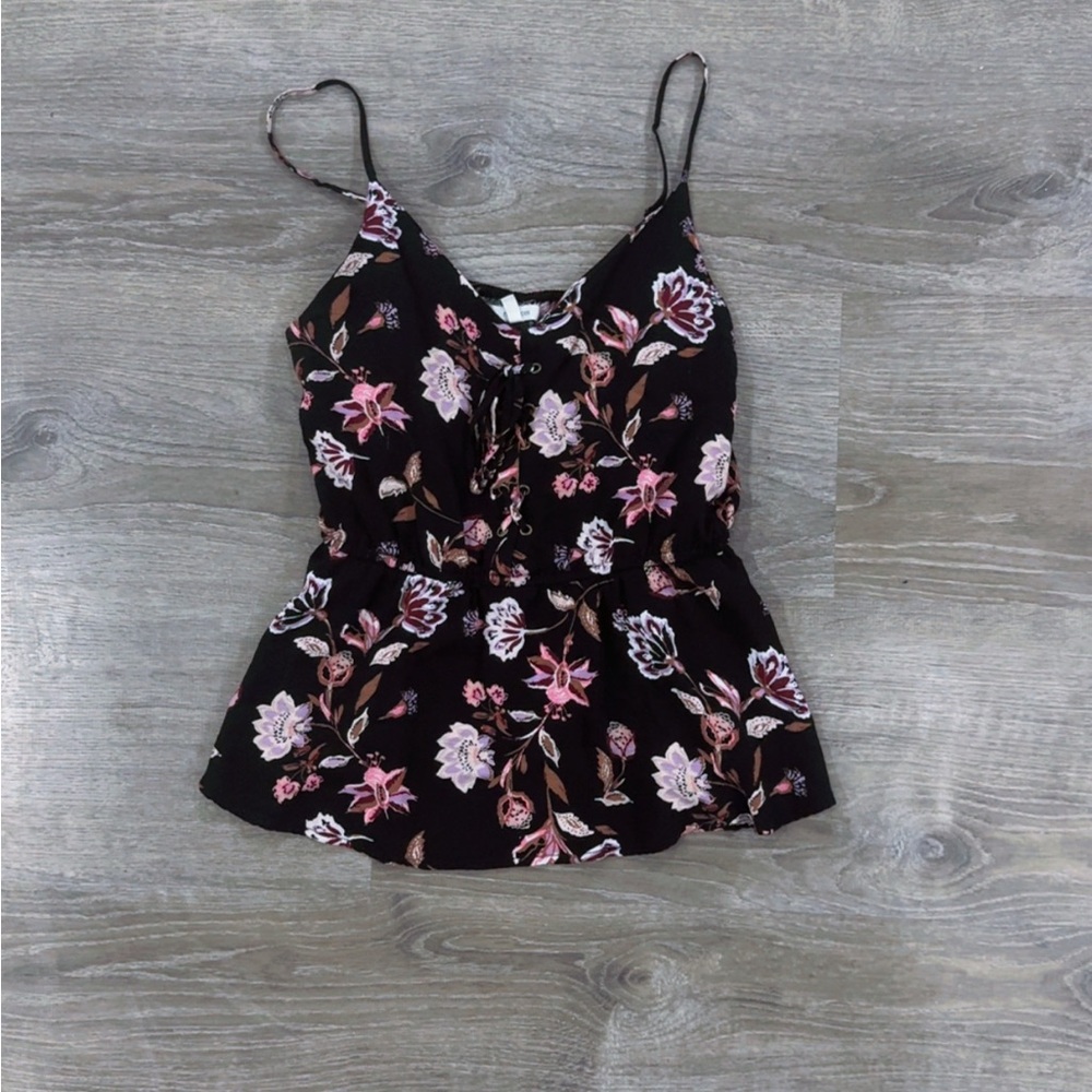 Floral Black and Pink Women's Lace Up Peplum Spaghetti Strap Top Size XS